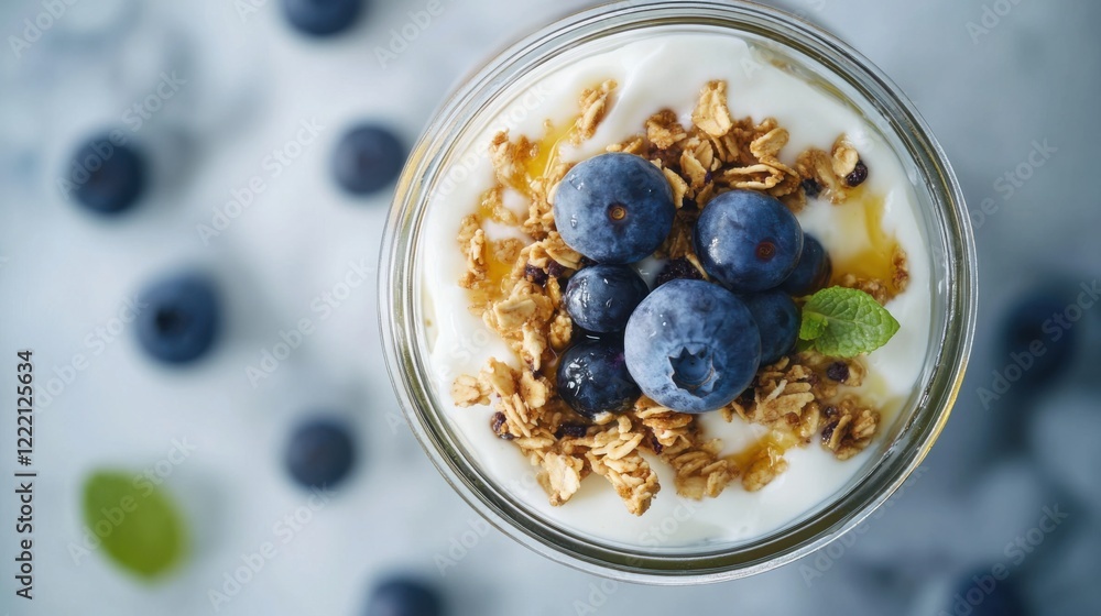 A bowl of fresh fruit yogurt parfait with layers of granola, blueberries, and a drizzle of honey A bowl of fresh fruit yogurt parfait with layers of granola, blueberries, and a drizzle of honey