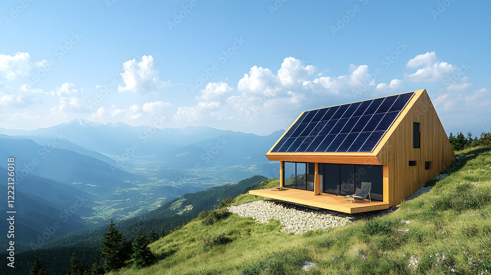An off-grid solar-powered cabin in the mountains, with solar panels on the roof and a panoramic view of green valleys, representing independence from the grid. An off-grid solar-powered cabin in the mountains, with solar panels on the roof and a panoramic view of green valleys, representing independence from the grid.