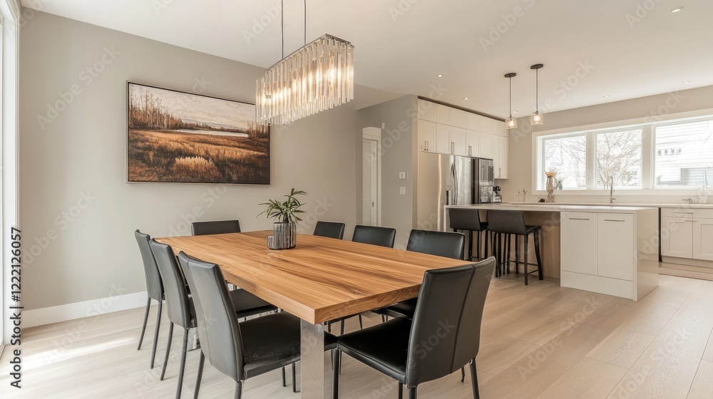 Modern dining room with a wooden table, sleek black chairs, and a minimalistic chandelier, set against a light gray wall. Modern dining room with a wooden table, sleek black chairs, and a minimalistic chandelier, set against a light gray wall.