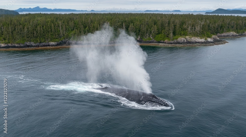 An aerial view of a humpback whale exhaling a misty spout of water in a calm ocean An aerial view of a humpback whale exhaling a misty spout of water in a calm ocean
