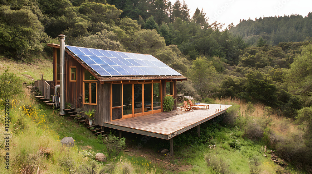 An off-grid solar-powered house in a secluded forest area, reflecting a commitment to sustainability and renewable energy. An off-grid solar-powered house in a secluded forest area, reflecting a commitment to sustainability and renewable energy.