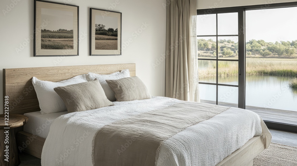 Simple bedroom with a white bedspread, matching pillows, and an open window showing a sunny outdoor view. Simple bedroom with a white bedspread, matching pillows, and an open window showing a sunny outdoor view.