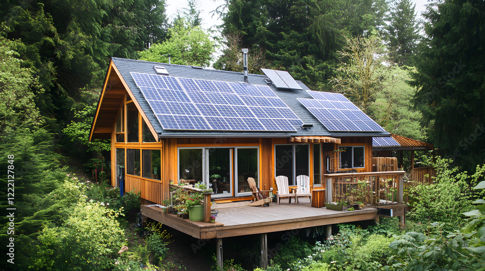 An off-grid solar-powered house in a secluded forest area, reflecting a commitment to sustainability and renewable energy. An off-grid solar-powered house in a secluded forest area, reflecting a commitment to sustainability and renewable energy.