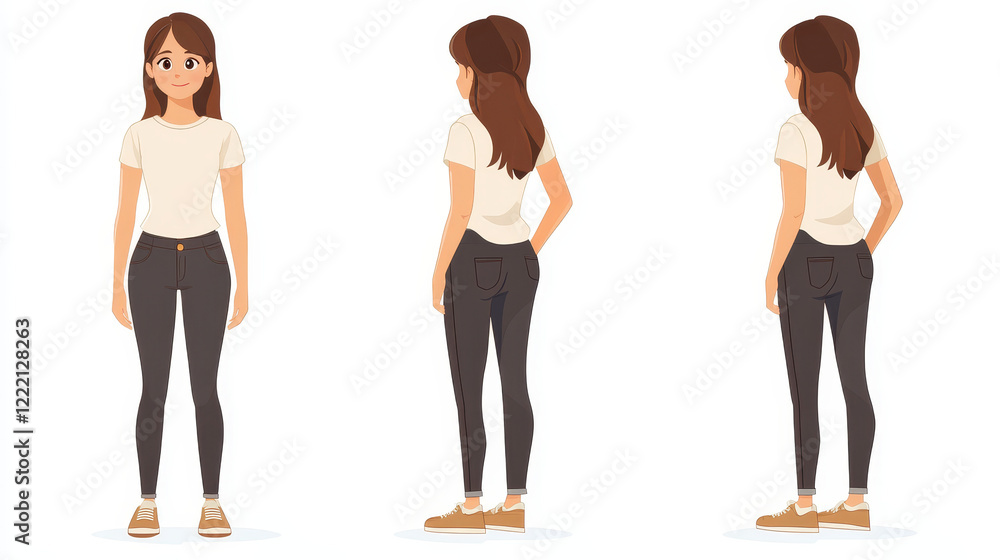 Woman character animation set. Girl creation model in front, side and back view. Vector flat illustration of parts of body and head isolated on white background Woman character animation set. Girl creation model in front, side and back view. Vector flat illustration of parts of body and head isolated on white background