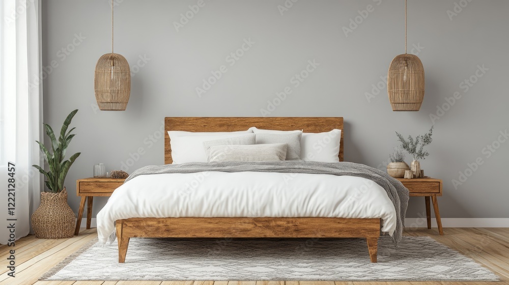 Spacious bedroom with a king-size bed, a soft gray accent wall, and minimalistic side tables for a modern design. Spacious bedroom with a king-size bed, a soft gray accent wall, and minimalistic side tables for a modern design.
