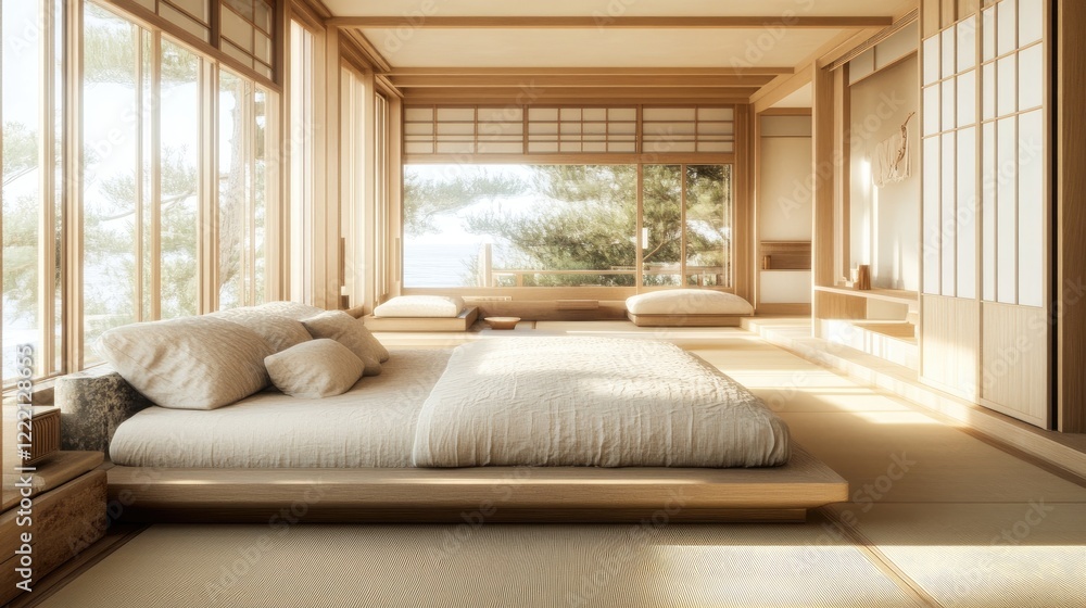 Fototapeta premium Spacious modern bedroom with a sleek low bed, large windows, and neutral tones for a calming atmosphere.