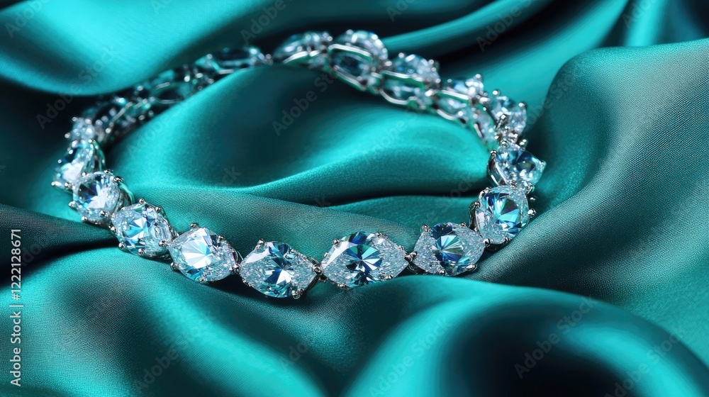Obraz premium A diamond tennis bracelet resting on a gradient green silk cloth under soft lighting.