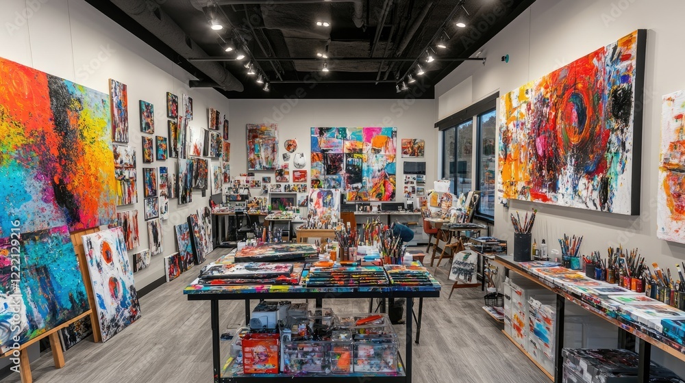 Naklejka premium Vibrant art studio with splashes of color on the walls, abstract paintings, and creative supplies scattered around.