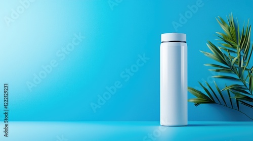 Wallpaper Mural White water bottle on blue background with palm leaf. Perfect for product display Torontodigital.ca