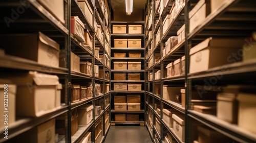 Well-organized rows of storage racks with cardboard boxes under LED lights.