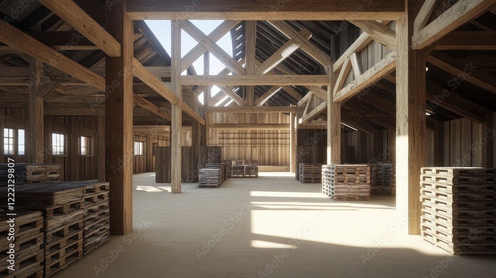 Wide view of a spacious warehouse with stacked pallets and overhead beams. Wide view of a spacious warehouse with stacked pallets and overhead beams.