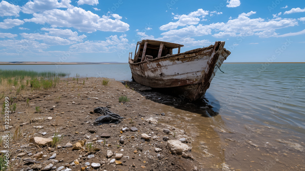 Rusty boat stranded on dry lakeshore under clouds. Abandoned and water themes Rusty boat stranded on dry lakeshore under clouds. Abandoned and water themes