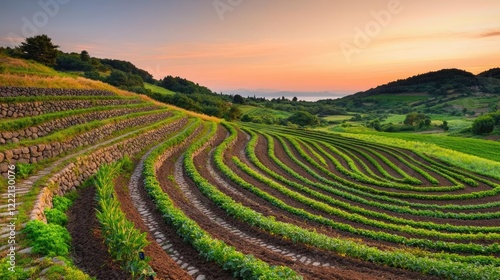 Wallpaper Mural Foods security gardening idea. Stunning terraced fields under a vibrant sunset, showcasing nature's beauty and harmony. Torontodigital.ca