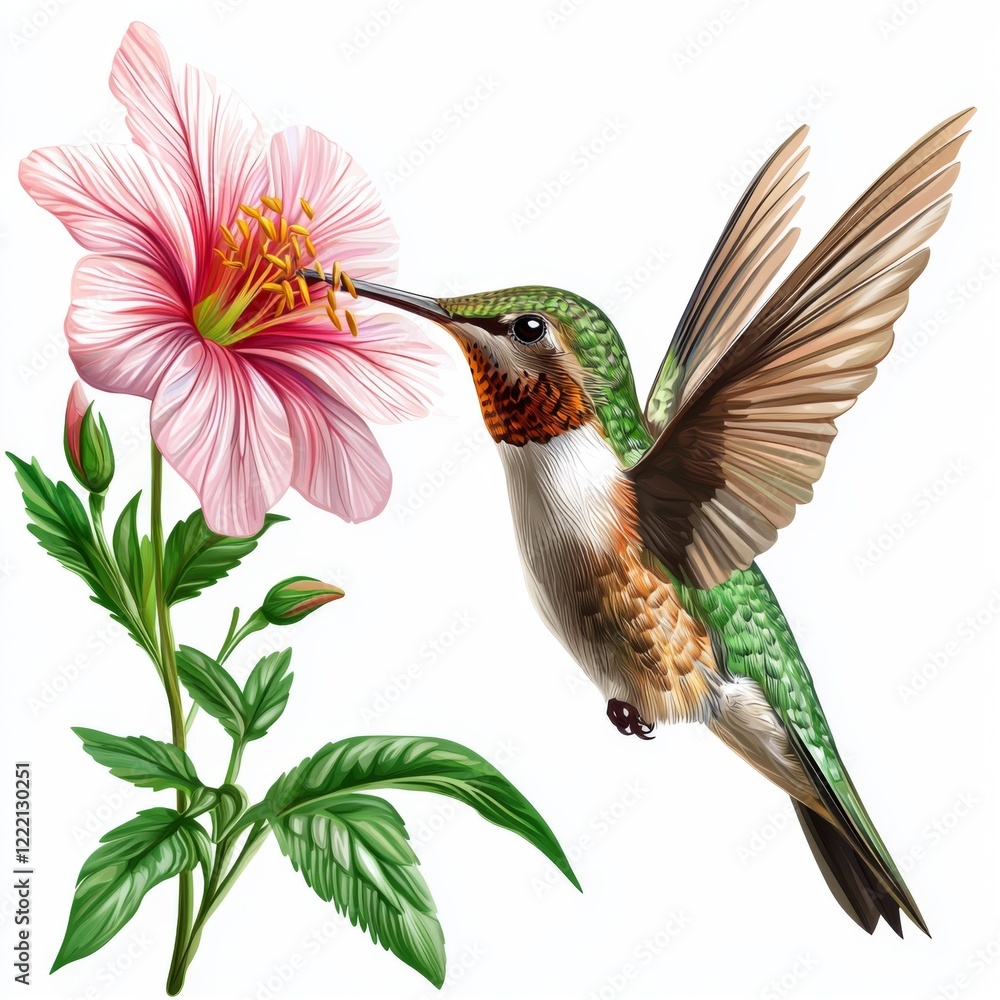 Obraz premium Vibrant Hummingbird Approaching Colorful Blossom in Lush Natural Setting, Capturing the Beauty of Nature and Wildlife