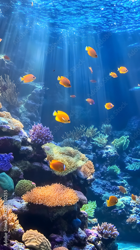 Naklejka premium An underwater scene background with coral reefs and tropical fish, ideal for marine themes.