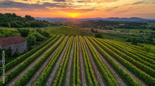Foods security gardening idea. Stunning sunset over lush vineyards, showcasing nature's beauty and tranquility.