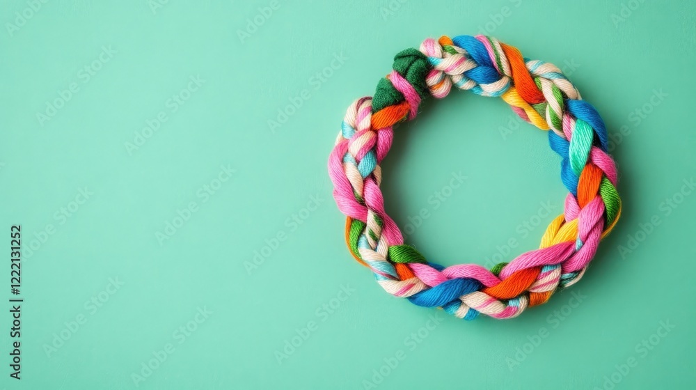 A woven friendship bracelet with colorful threads on a forest green paper background. A woven friendship bracelet with colorful threads on a forest green paper background.