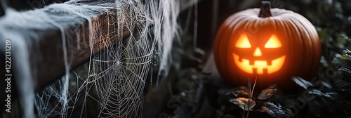 A close-up of eerie cobwebs hanging from a wooden fence in an abandoned garden with a jack-o'-lantern glowing nearby photo