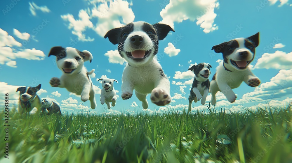 A playful group of happy puppies leaps joyfully across a vibrant green field under a bright blue sky, showcasing the exuberance and innocence of young canine joy. A playful group of happy puppies leaps joyfully across a vibrant green field under a bright blue sky, showcasing the exuberance and innocence of young canine joy.
