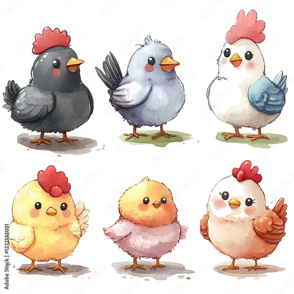 Fototapeta premium Six cute cartoon chickens in different colors.