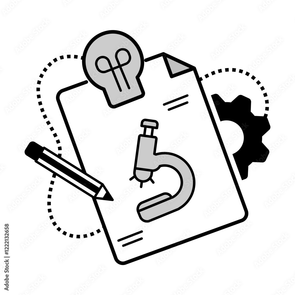 Science Research Icon – Microscope with Document, Gear, and Pencil Representing Scientific Study Planning Science Research Icon – Microscope with Document, Gear, and Pencil Representing Scientific Study Planning