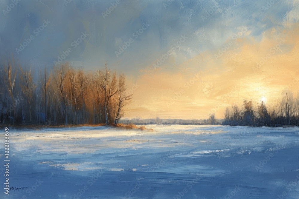A tranquil winter landscape showcasing a blend of cool blues and warm ochre at sunset with trees lining the horizon and a serene frozen lake reflecting the hues