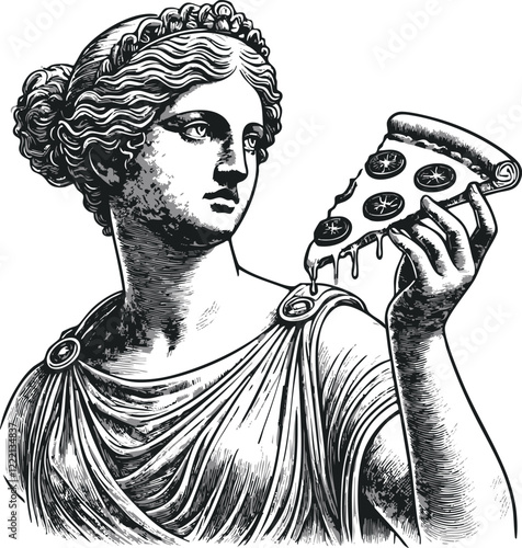 classical Greek or Roman statue with pizza, ancient sculpture with food style sketch engraving generative ai fictional character vector illustration. Scratch board imitation. Black and white image