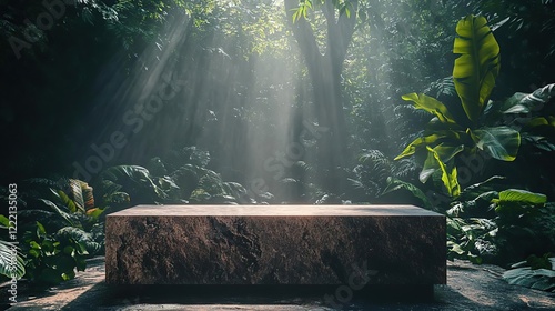 sunlight shining through the trees onto a stone bench in a forest photo