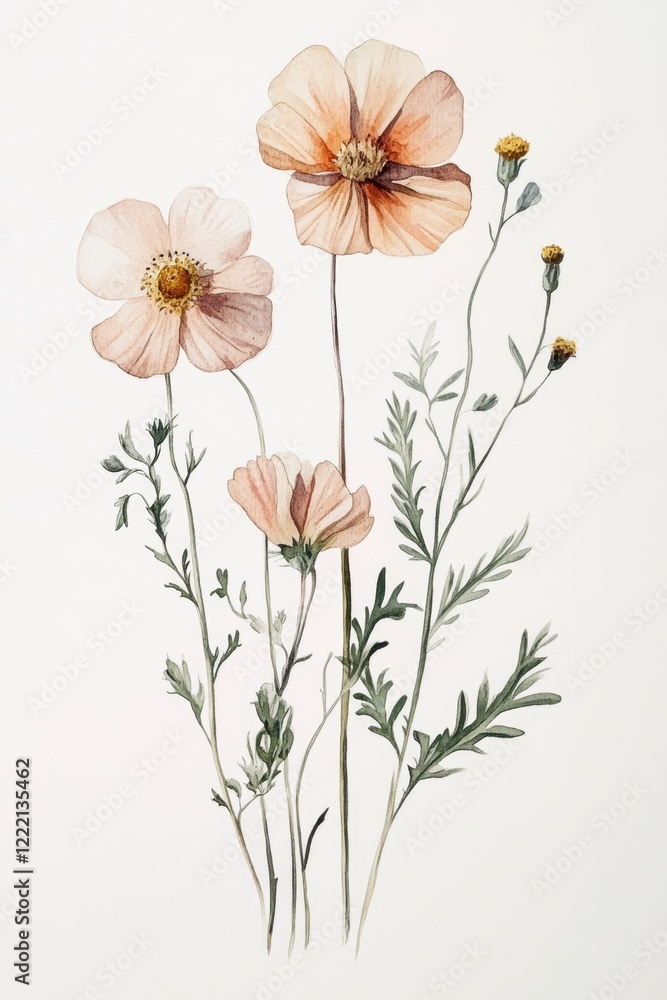 Naklejka premium Delicate Watercolor Poppy Flowers with Soft Peach Petals