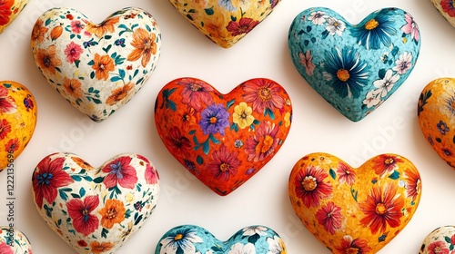 Creative generative AI design of heart shaped floral patterns with vibrant colors set against a clean white background for valentines day