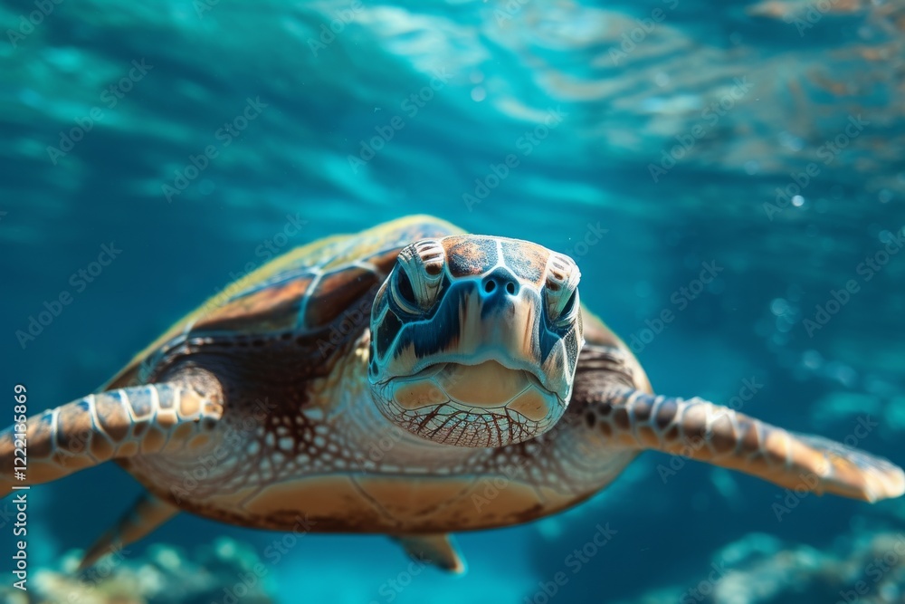 Fototapeta premium A happy sea turtle glides gracefully through the clear blue waters, showcasing vibrant colors while navigating a colorful underwater world full of coral and marine life