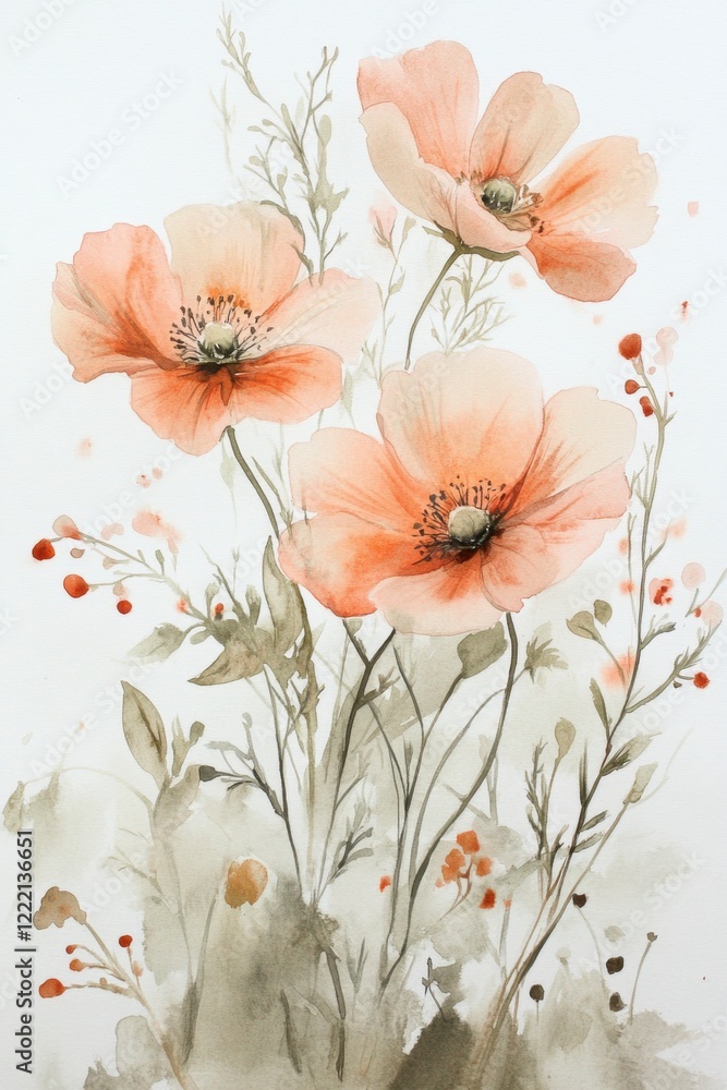 Naklejka premium Beautiful Watercolor Floral Arrangement with Peach Poppies and Greenery