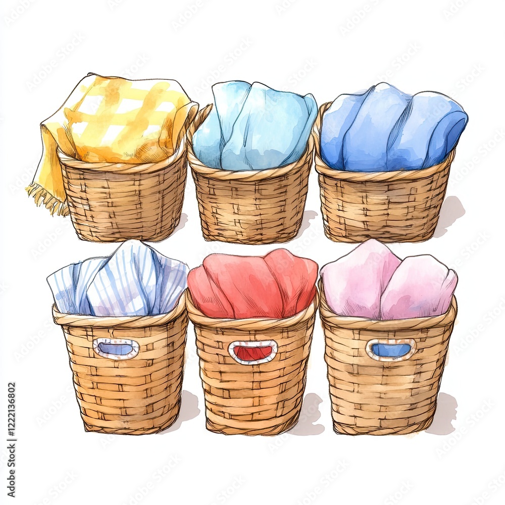 Obraz premium Six wicker baskets with folded colorful blankets and throws.