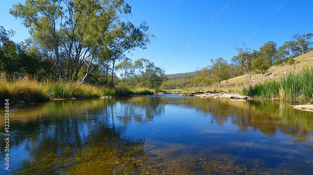 Serene river landscape with clear water reflecting trees under a bright blue sky in nature Serene river landscape with clear water reflecting trees under a bright blue sky in nature