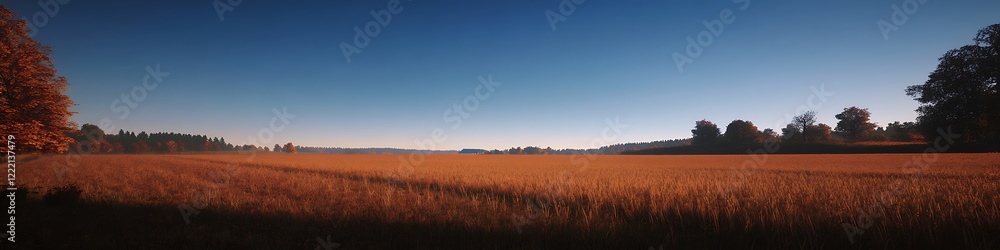 A crisp autumn evening in a rural countryside golden fields stretching under a cool blue sky A crisp autumn evening in a rural countryside golden fields stretching under a cool blue sky