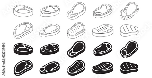 Steak silhoette and outline Icons Set. Vector