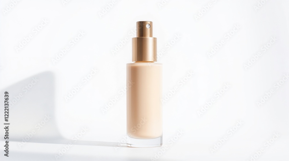 A single light foundation bottle displayed on a clean beige background with soft shadows, highlighting simplicity and elegance in skincare and makeup. A single light foundation bottle displayed on a clean beige background with soft shadows, highlighting simplicity and elegance in skincare and makeup.