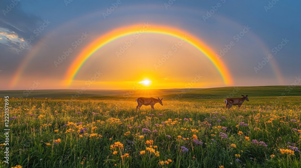 Naklejka premium A full rainbow arching over a meadow filled with grazing deer and wildflowers