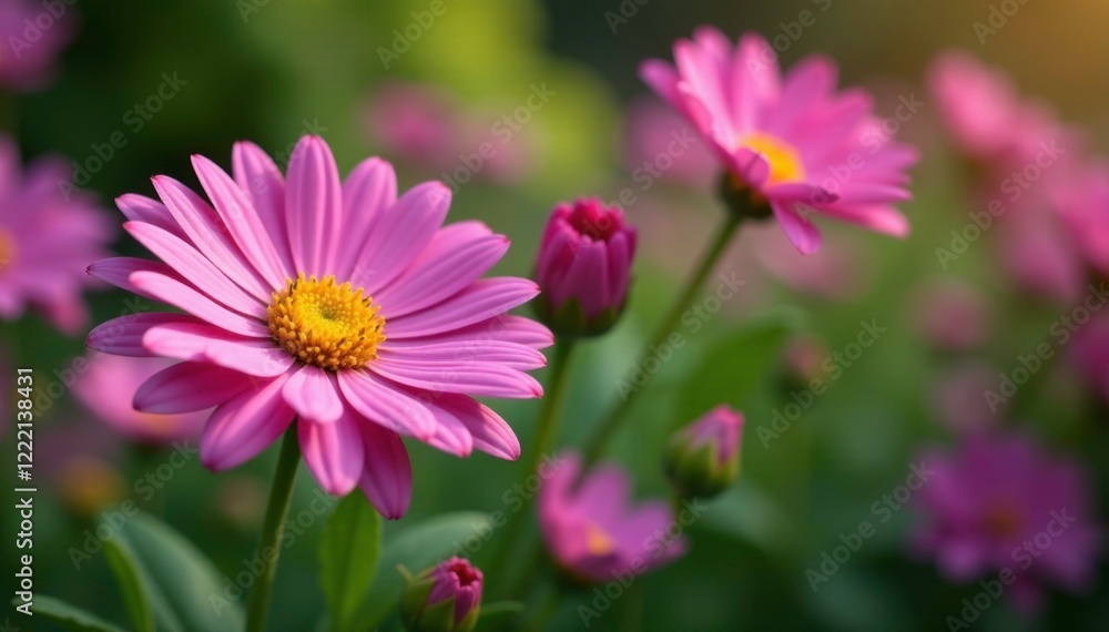 Pink aster in a garden among other colorful blooms, purple, gardens Pink aster in a garden among other colorful blooms, purple, gardens