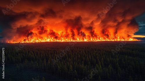 A massive wildfire spreading through a dense forest, with smoke rising into the sky photo