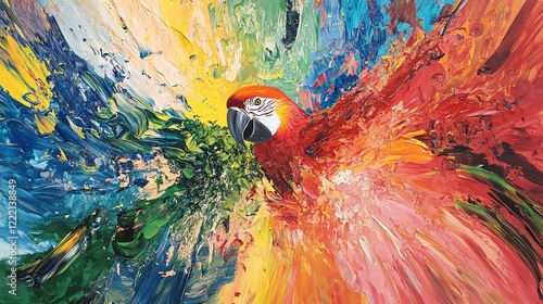 A vibrant and artistic depiction of a parrot flying through a colorful explosion of paint, showcasing the beauty of nature and creativity in an abstract fusion of colors. photo