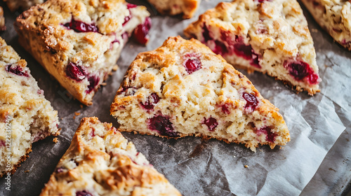 Apple and cranberry scones with a golden-brown crust and a sweet, tangy flavor. photo