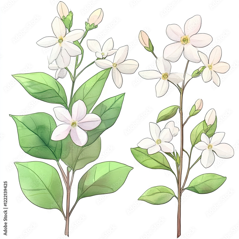 Two watercolor illustrations of jasmine flowers with stems and leaves, isolated on white background. Two watercolor illustrations of jasmine flowers with stems and leaves, isolated on white background.