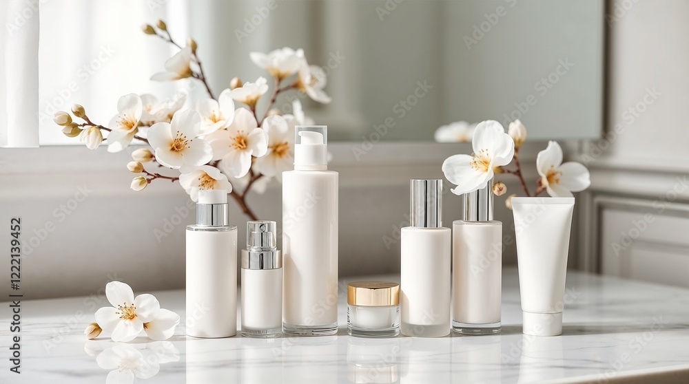A sophisticated arrangement of skincare bottles, tubes, and jars in a minimalist setting, surrounded by delicate white blossoms. A sophisticated arrangement of skincare bottles, tubes, and jars in a minimalist setting, surrounded by delicate white blossoms.