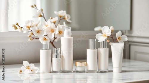 A sophisticated arrangement of skincare bottles, tubes, and jars in a minimalist setting, surrounded by delicate white blossoms.