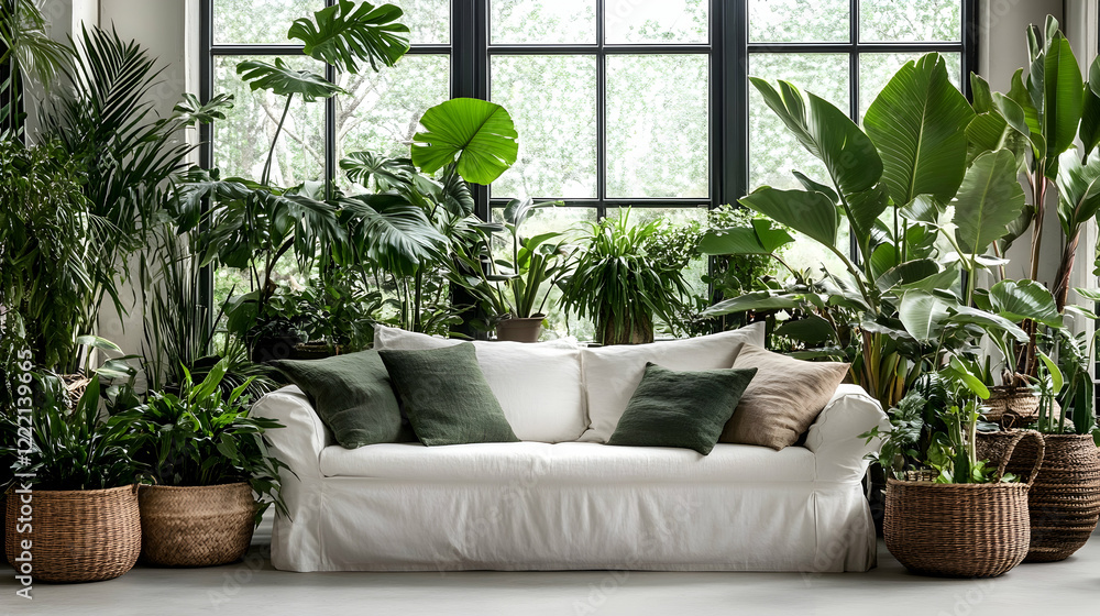 Industrial-style room with a white sofa, lush green plants, and natural light Industrial-style room with a white sofa, lush green plants, and natural light