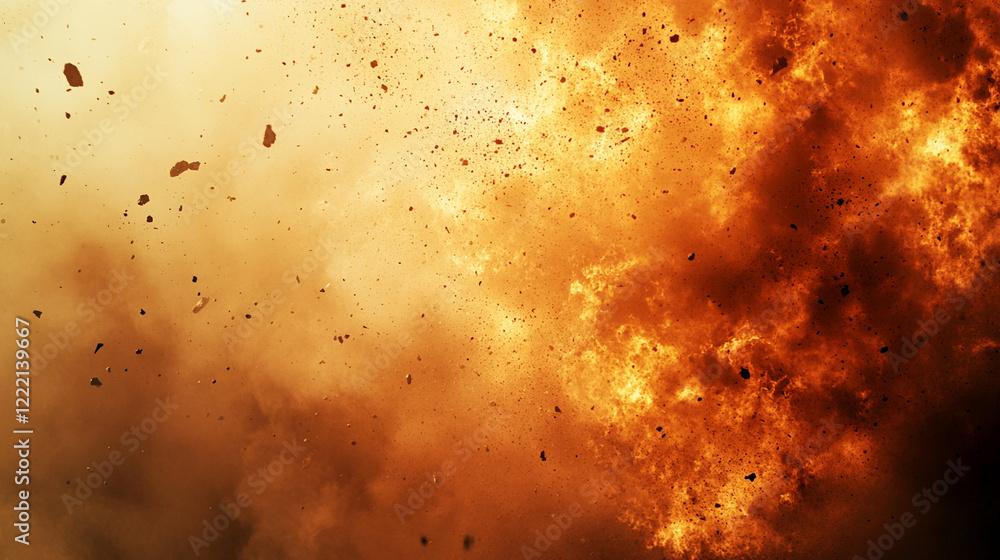 fire particles, smoke, and sparks symbolizing aftermath of a catastrophe, bomb explosion, or military operation, chaotic scene with noise and debris, empty design space fire particles, smoke, and sparks symbolizing aftermath of a catastrophe, bomb explosion, or military operation, chaotic scene with noise and debris, empty design space