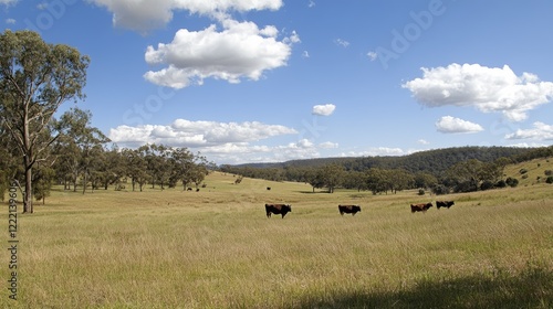 Close up of Stud Beef bulls, cows and calves grazing on grass in a field, in Australia. breeds of cattle include speckle park, murray grey, angus, brangus and wagyu on pasture in spring and summer. photo