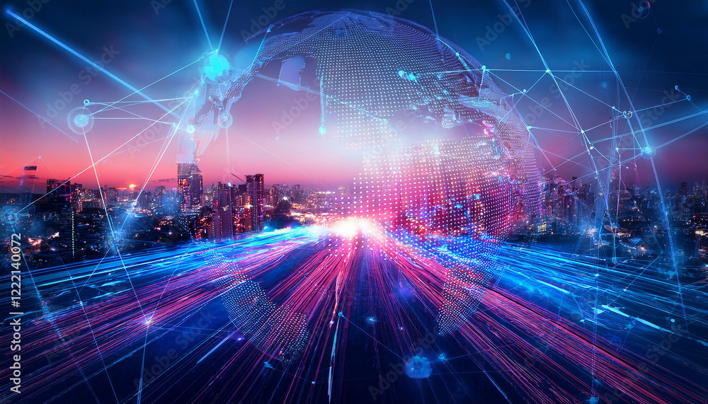Un réseau de lasers blanc qui se joignent sur une ville technologique Un réseau de lasers blanc qui se joignent sur une ville technologique