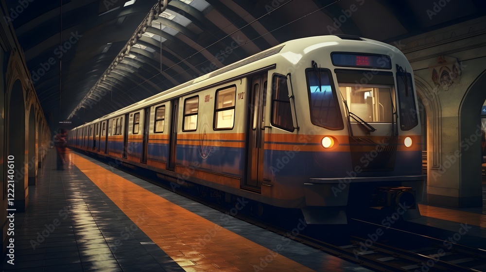 Fototapeta premium An electric powered metro train entering a modern underground subway station with a concrete and steel architecture design The train is in motion